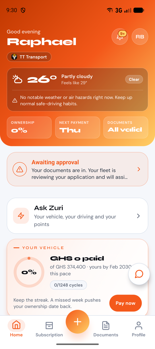 The GoGoo Driver home screen, showing the day's status, the vehicle and what is due next.