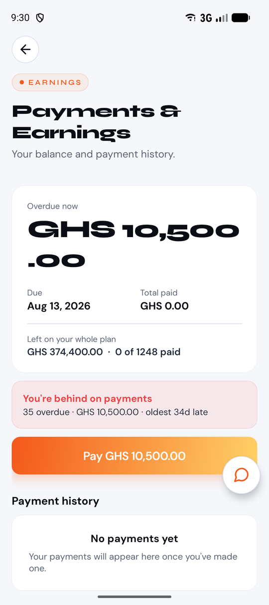 The Payments and Earnings screen, showing the balance, what is due and the payment history.